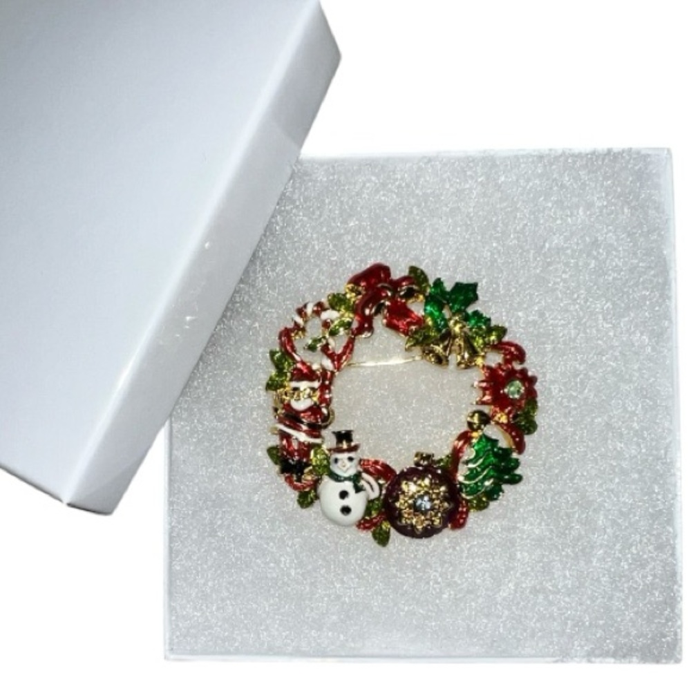 Vintage Christopher Radko Festive Wreath Brooch with Snowman and Christmas Tree